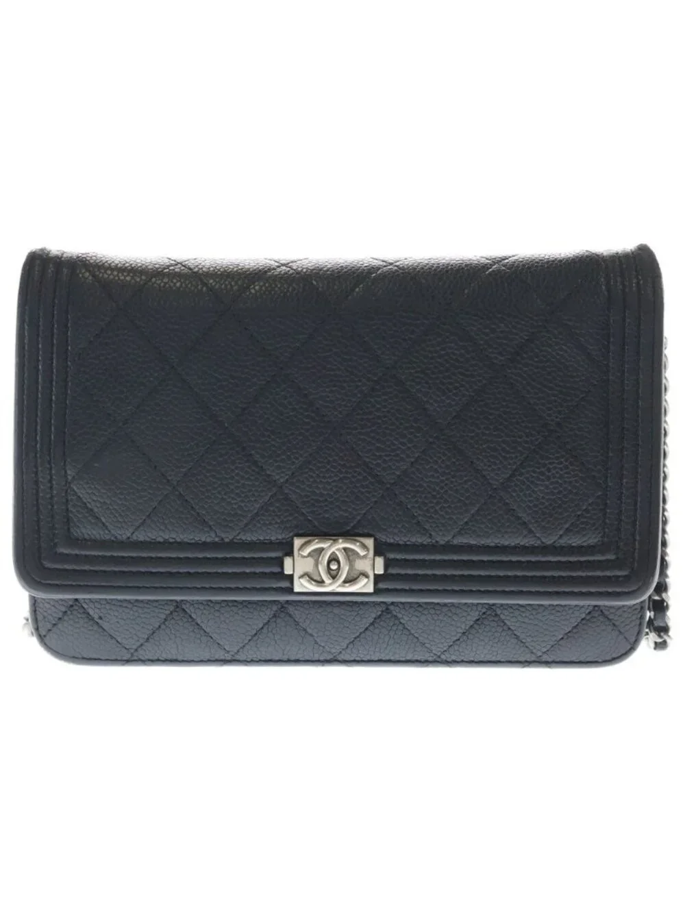 Chanel Boy Caviar Leather Silver Chain Wallet Shoulder Bag Black